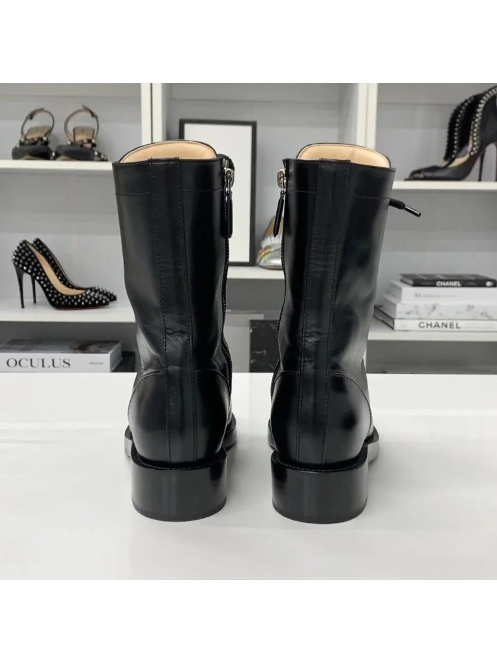 Chanel CC Logo Leather Lace-up Short Boots Black